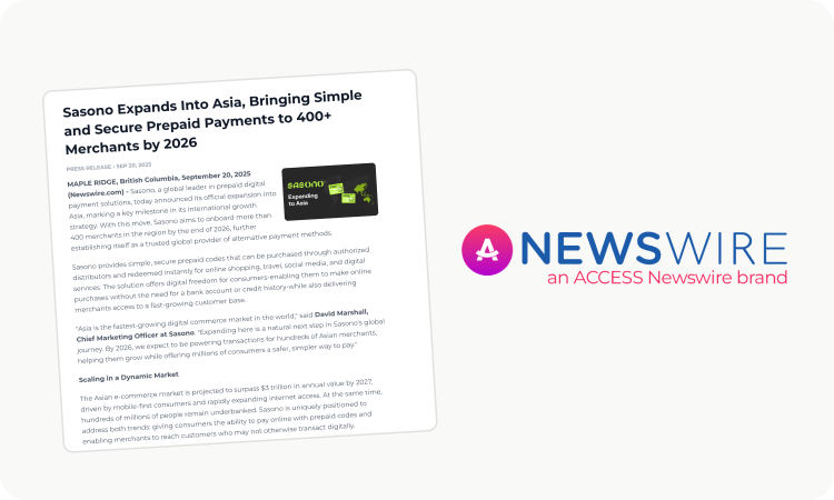 Sasono Expands Into Asia, Bringing Simple and Secure Prepaid Payments to 400+ Merchants by 2026